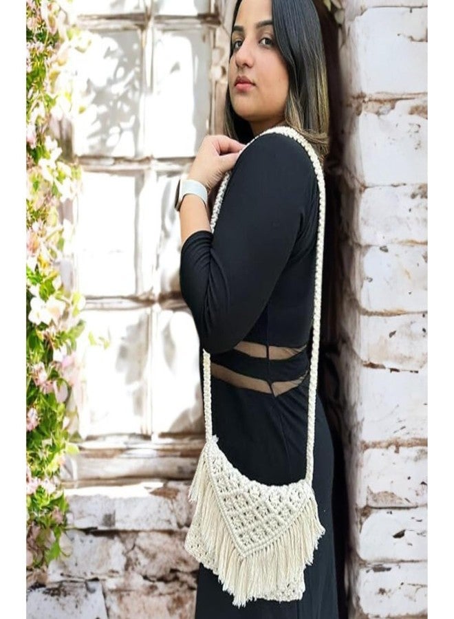 تي إم إس حقيبة كتف مصنوعة يدويًا من المكرمية من تي إم إس | حقيبة كتف بيضاء فاتحة اللون بحزام طويل | حقيبة كتف قطنية معقودة بنمط بوهيمي للنساء والفتيات | حقيبة مقاس 9 بوصات × 9 بوصات مع ارتفاع مقبض 20 بوصة - قطعة واحدة - Image 4