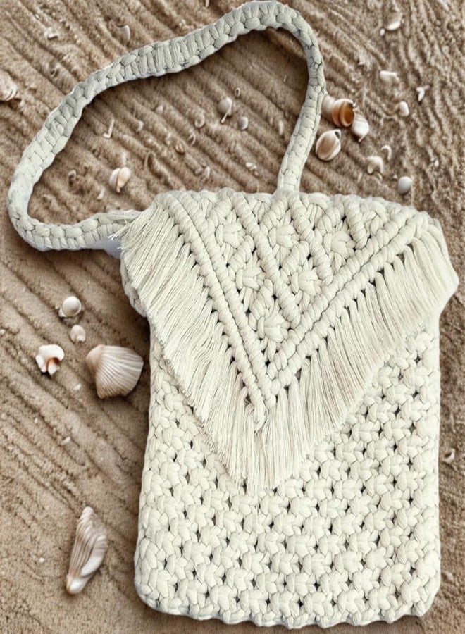 تي إم إس حقيبة كتف مصنوعة يدويًا من المكرمية من تي إم إس | حقيبة كتف بيضاء فاتحة اللون بحزام طويل | حقيبة كتف قطنية معقودة بنمط بوهيمي للنساء والفتيات | حقيبة مقاس 9 بوصات × 9 بوصات مع ارتفاع مقبض 20 بوصة - قطعة واحدة - Image 3