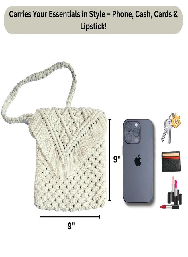 تي إم إس حقيبة كتف مصنوعة يدويًا من المكرمية من تي إم إس | حقيبة كتف بيضاء فاتحة اللون بحزام طويل | حقيبة كتف قطنية معقودة بنمط بوهيمي للنساء والفتيات | حقيبة مقاس 9 بوصات × 9 بوصات مع ارتفاع مقبض 20 بوصة - قطعة واحدة - Image 5