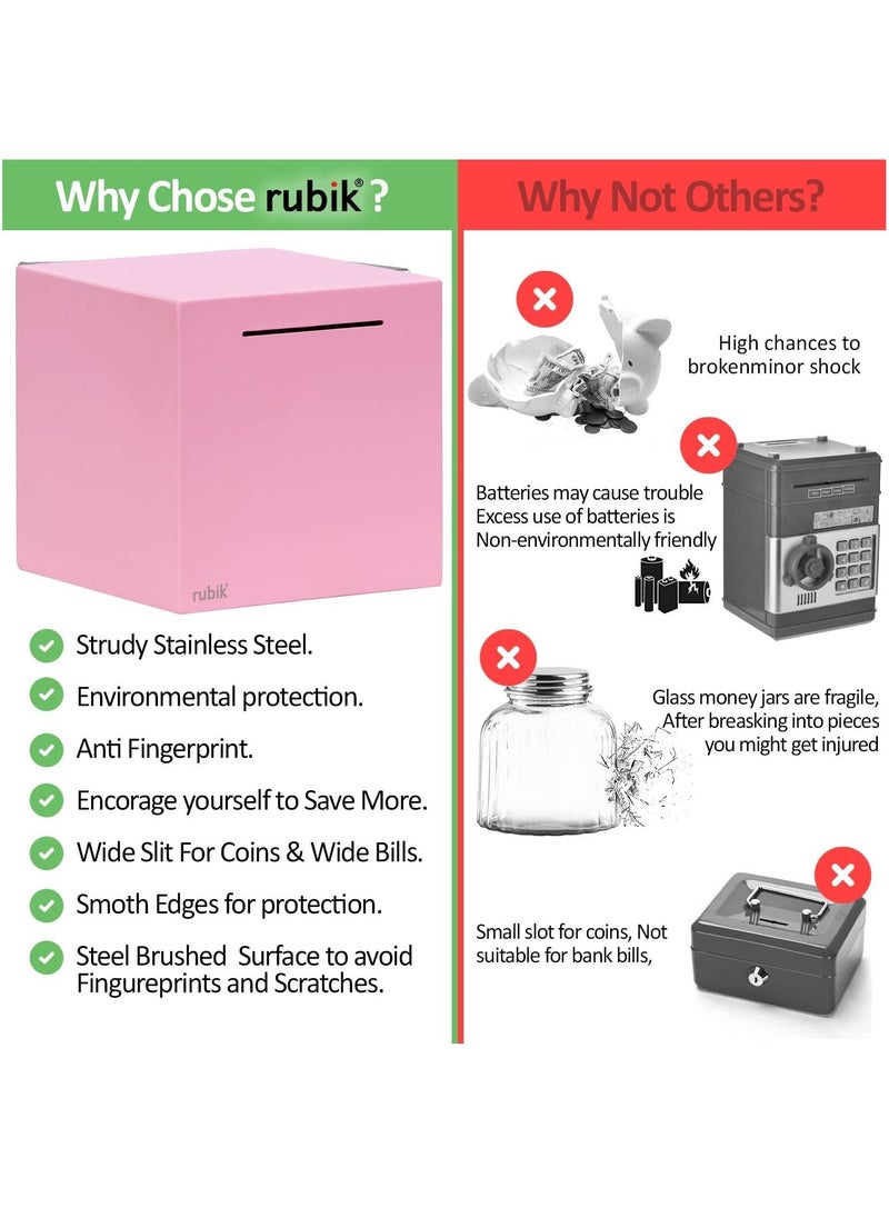 Rubik Piggy Bank for Adults, Stainless Steel Savings Money Bank to Help Budget and Save, Must Break to Access Money (6 Inch) Pink  - Image 2