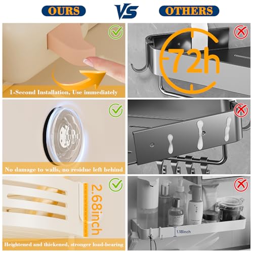Fafua Corner Shower Caddy Suction Cup, No-Drilling Hanging Shower Shelves with Hooks, Waterproof & Rustproof Removable Shower Organizer for Bathroom Storage - Image 4