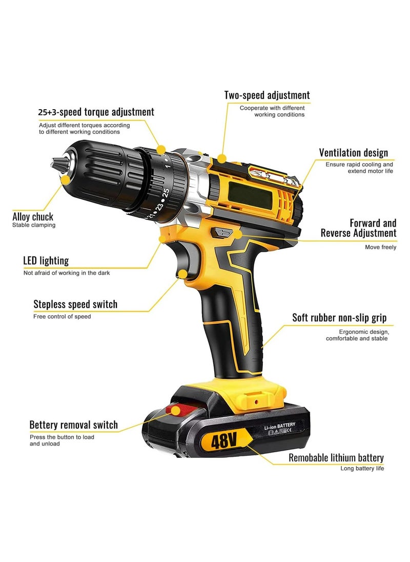 Favarey 48V Cordless Drill, 3/8 Inch Power Drill Set with 2 Lithium Ion Battery and Charger, Electric Drill with Variable Speed, 24-Pieces Drill/Driver Accessories Kit  - Image 4