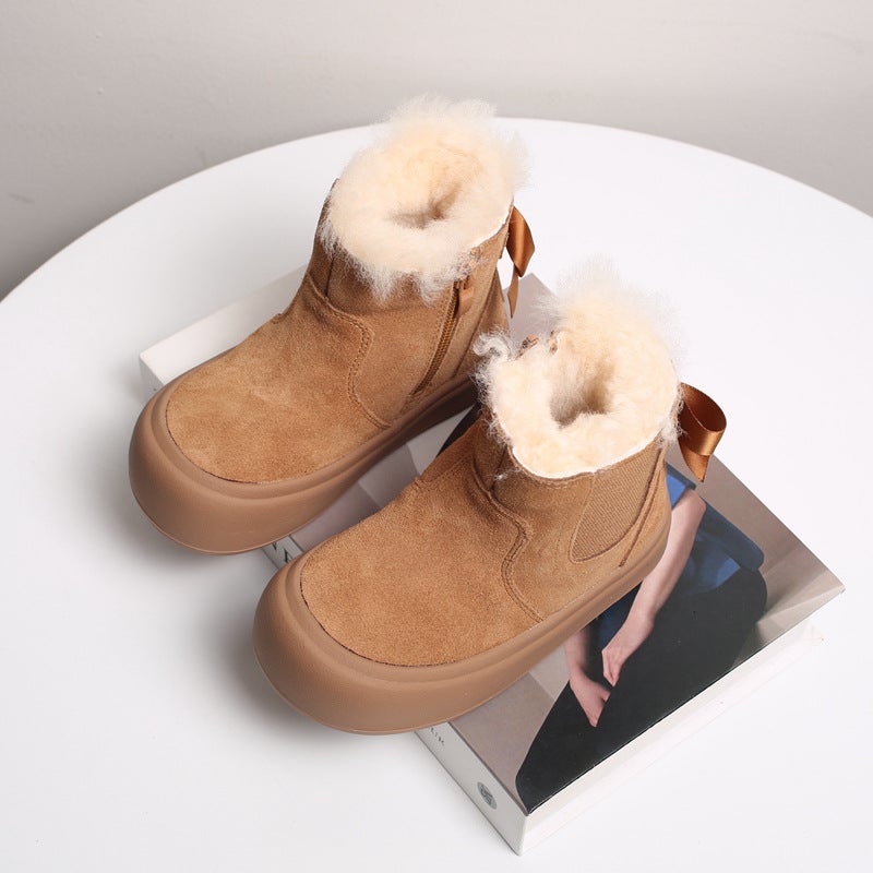 Frosted Genuine Leather Girls' Large Cotton Boots Thickeneded Bow Princess Winter Boots 23 New Medium And Large Kidsren'S Mid-Calf Northeastern Kidsren'S Boots - Image 5