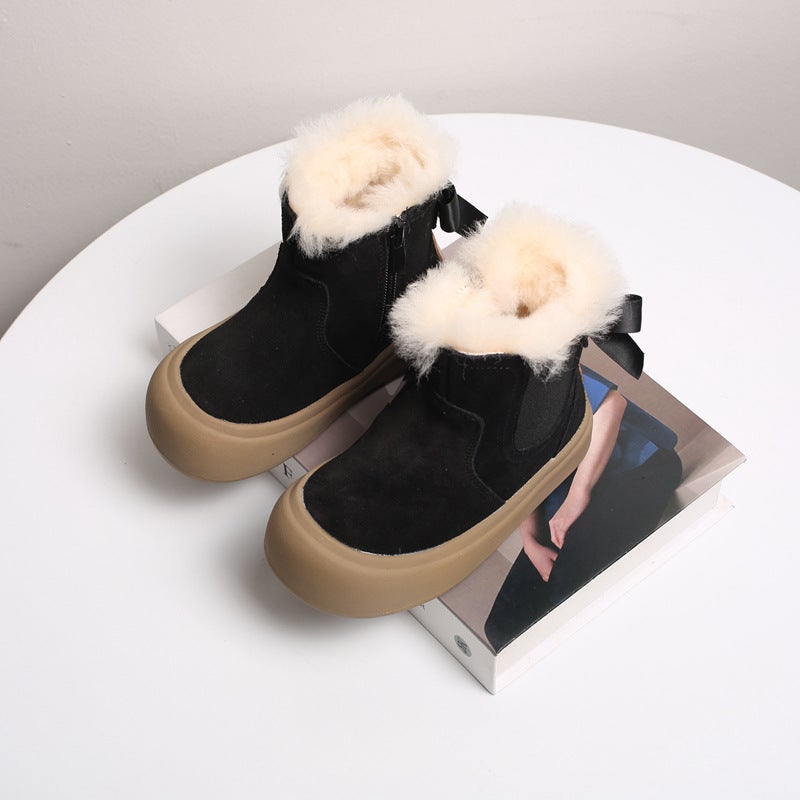Frosted Genuine Leather Girls' Large Cotton Boots Thickeneded Bow Princess Winter Boots 23 New Medium And Large Kidsren'S Mid-Calf Northeastern Kidsren'S Boots - Image 1