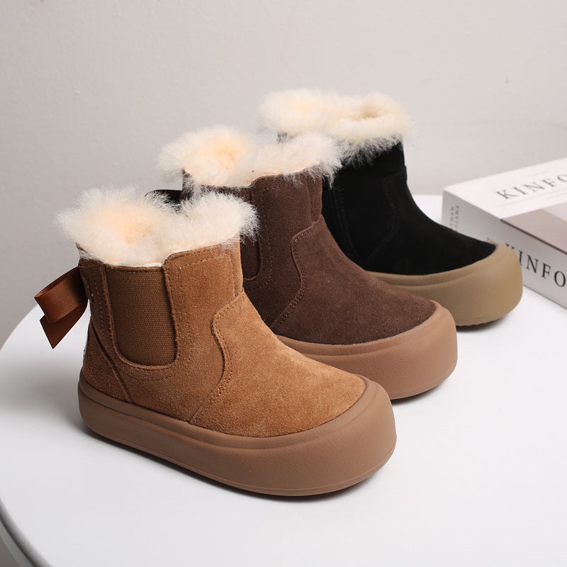Frosted Genuine Leather Girls' Large Cotton Boots Thickeneded Bow Princess Winter Boots 23 New Medium And Large Kidsren'S Mid-Calf Northeastern Kidsren'S Boots - Image 2