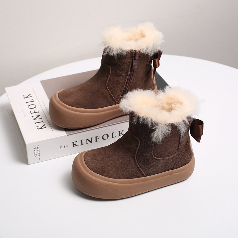 Frosted Genuine Leather Girls' Large Cotton Boots Thickeneded Bow Princess Winter Boots 23 New Medium And Large Kidsren'S Mid-Calf Northeastern Kidsren'S Boots - Image 4
