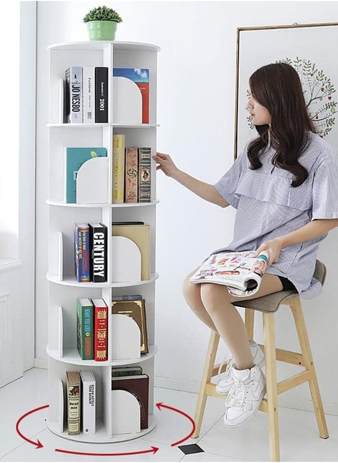 CityRiya-Long - Rotating Bookcase 5 Tier Bookshelf Children's Book Rack Modern 360° Tall Book Shelf White Book Corner Self Storage Display Rack Floor Standing Shelves for Home Living Room Study Office - Image 1