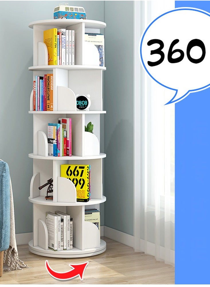 CityRiya-Long - Rotating Bookcase 5 Tier Bookshelf Children's Book Rack Modern 360° Tall Book Shelf White Book Corner Self Storage Display Rack Floor Standing Shelves for Home Living Room Study Office - Image 1