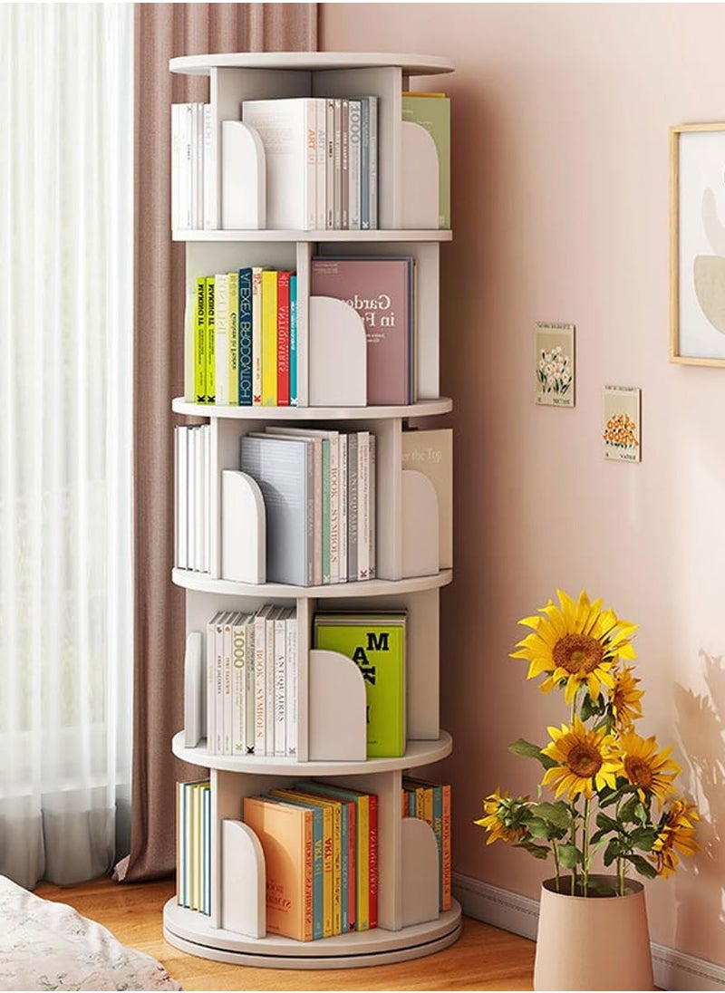 CityRiya-Long - Rotating Bookcase 5 Tier Bookshelf Children's Book Rack Modern 360° Tall Book Shelf White Book Corner Self Storage Display Rack Floor Standing Shelves for Home Living Room Study Office - Image 1