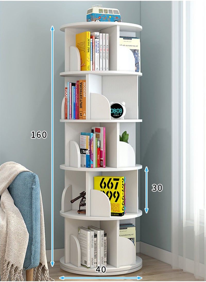CityRiya-Long - Rotating Bookcase 5 Tier Bookshelf Children's Book Rack Modern 360° Tall Book Shelf White Book Corner Self Storage Display Rack Floor Standing Shelves for Home Living Room Study Office - Image 1