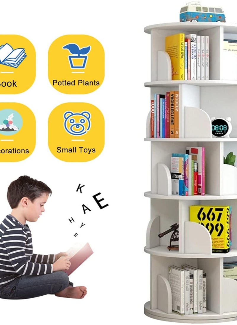 CityRiya-Long - Rotating Bookcase 5 Tier Bookshelf Children's Book Rack Modern 360° Tall Book Shelf White Book Corner Self Storage Display Rack Floor Standing Shelves for Home Living Room Study Office - Image 1
