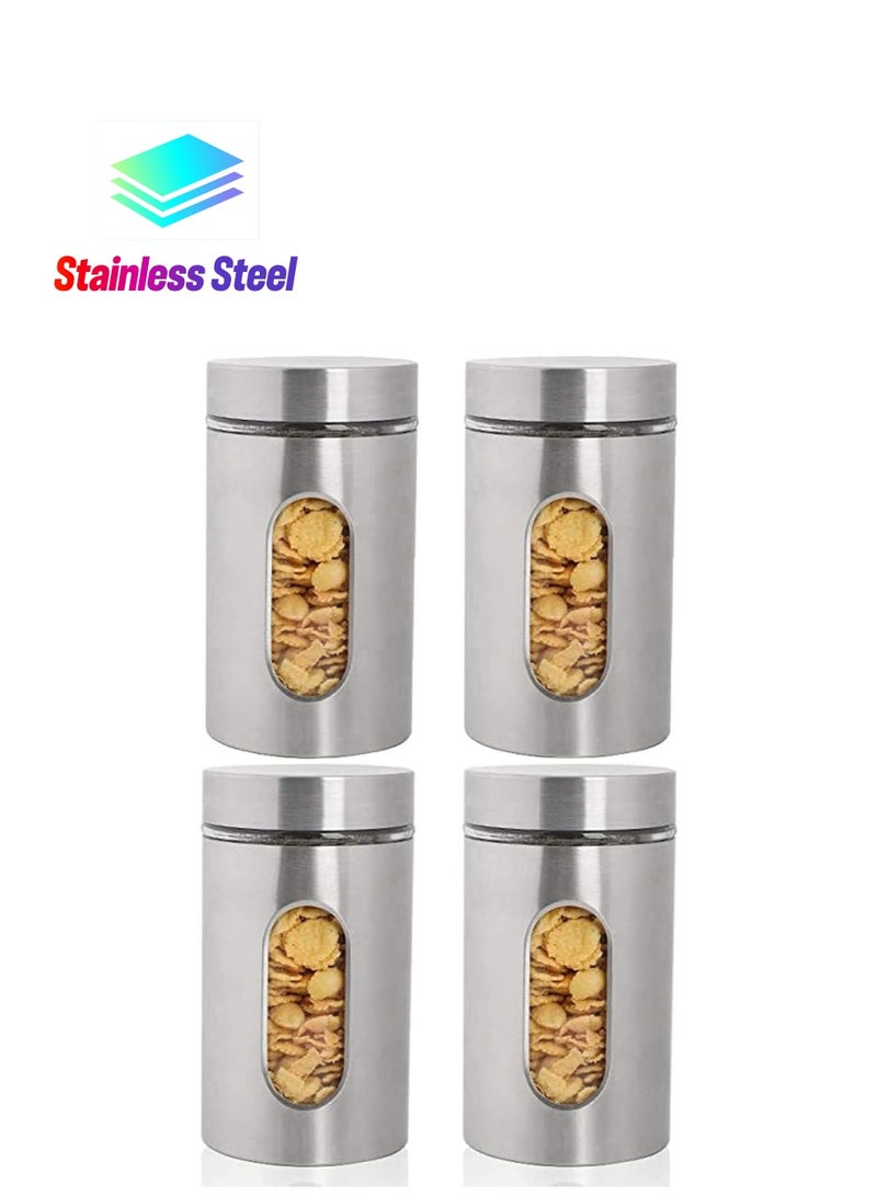 4 piece set Stainless Steel Food Storage Canister Sets with Glass Visible Window & Airtight Lids,Airtight Sugar Coffee Tea Candy Storage Jars，Food Storage Containers Grain Storage Tank (950ml) - Image 1