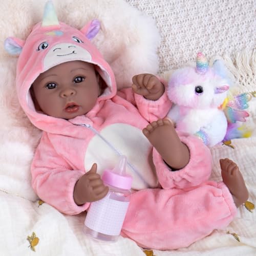 Aori 17 Inch Black Baby Dolls Realistic Black Doll with Light Weighted Soft Body Pink Outfits for Girls 3 Pretend Play Dress Up Nursery Decor - Image 1