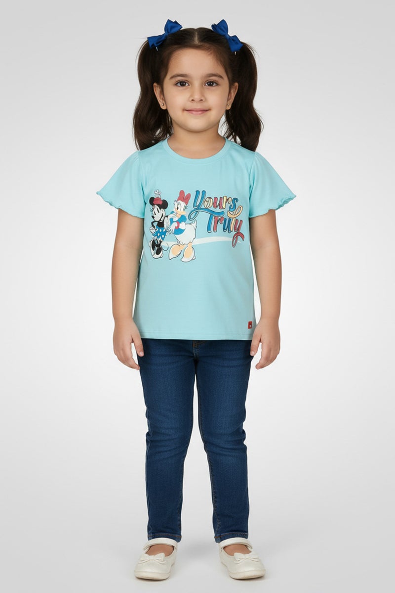 Hamleys x Disney Toddlers Girl Crew Neck Flutter Sleeve Graphic Print T-Shirt, Turquoise - Image 1