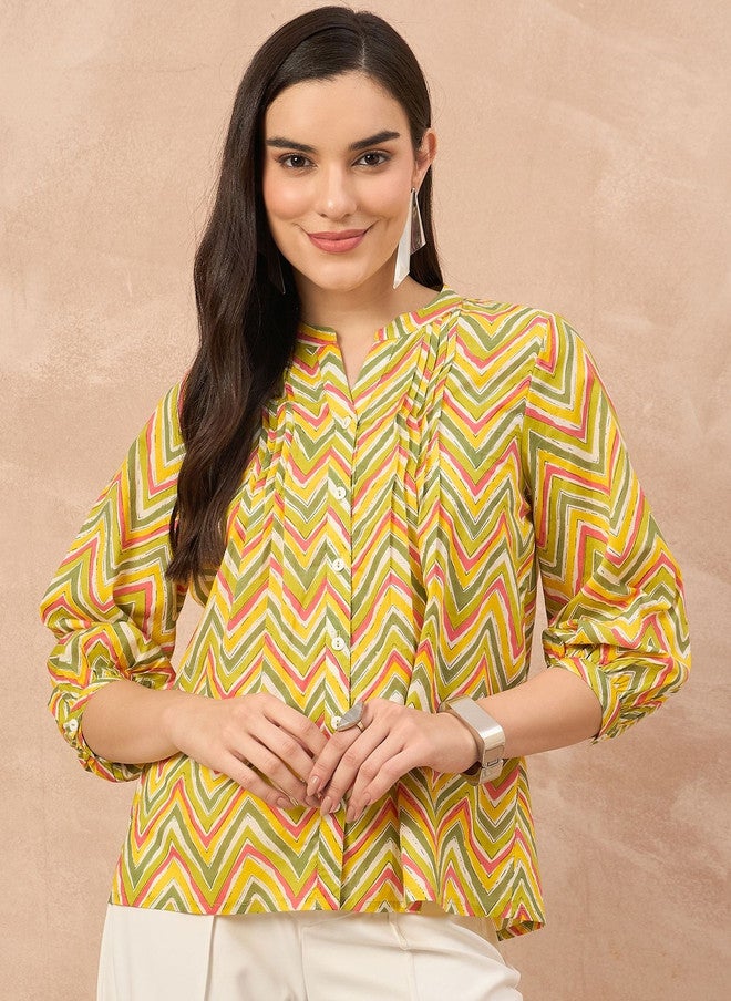Baizee كل شيء عنك بلوزة قطنية بقلنسوة ماندارين بطبعة هندسية للنساء - Image 1