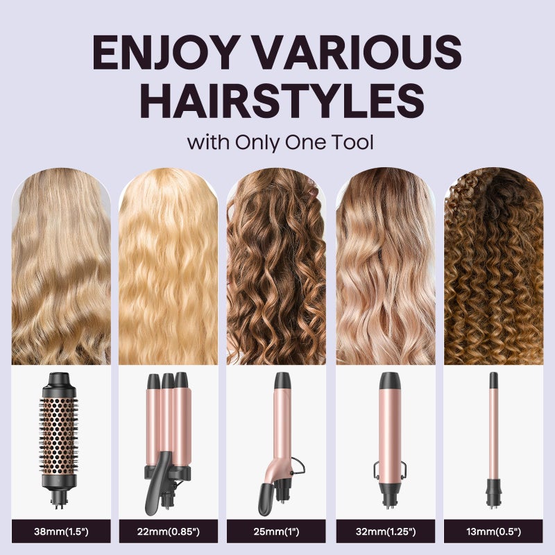 Wavytalk 5 in 1 Curling Wand Set, Dual Voltage Curling Iron Set with 5 Interchangeable Barrels Included A Thermal Brush, A Hair Crimper and 3 Ceramic Curling Wands(0.5"-1.25"), Rose Pink - Image 2