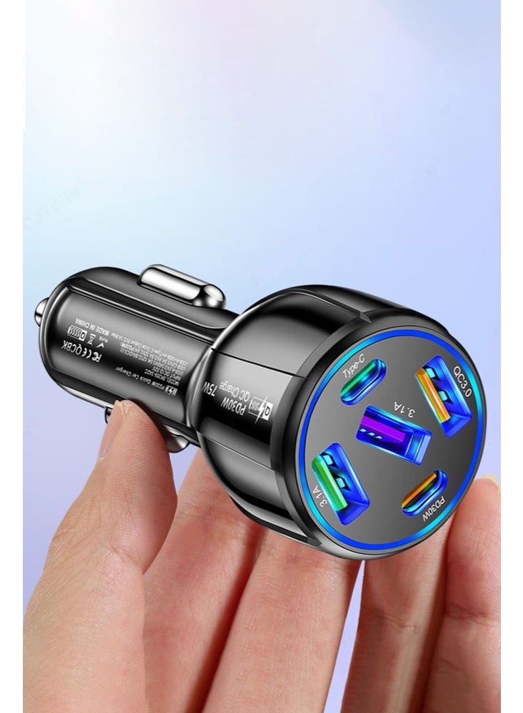 شاحن سيارة فائق السرعة بقدرة 75 واط، محول سيارة ذكي بخمسة منافذ 30 واط/QC3.0/Type C بجهد 12 فولت، متوافق مع ولاعة السجائر وشاحن USB، متوافق مع iPhone 14 Pro Max/13 وMacBook Pro وiPad Pro - Image 2