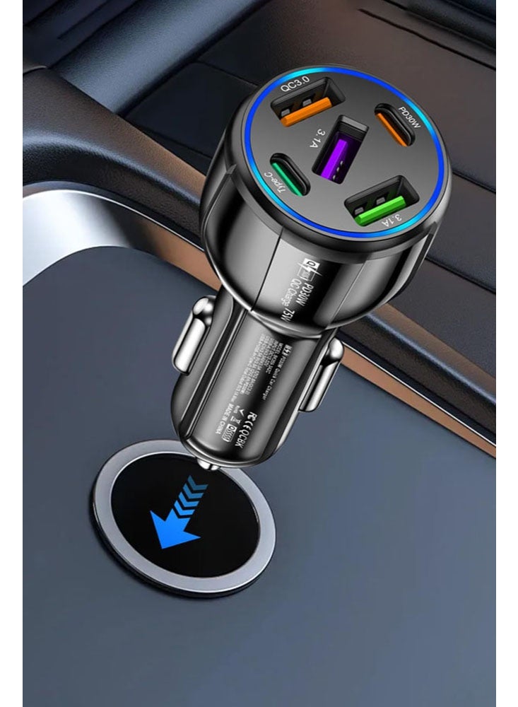 شاحن سيارة فائق السرعة بقدرة 75 واط، محول سيارة ذكي بخمسة منافذ 30 واط/QC3.0/Type C بجهد 12 فولت، متوافق مع ولاعة السجائر وشاحن USB، متوافق مع iPhone 14 Pro Max/13 وMacBook Pro وiPad Pro - Image 1