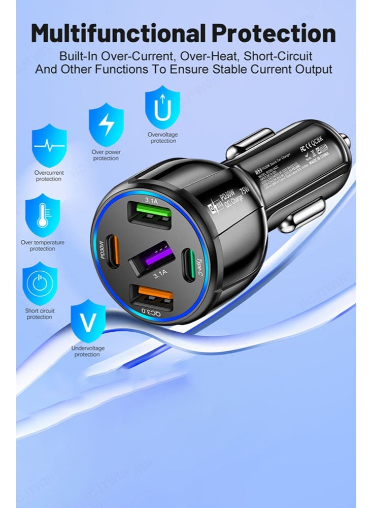 شاحن سيارة فائق السرعة بقدرة 75 واط، محول سيارة ذكي بخمسة منافذ 30 واط/QC3.0/Type C بجهد 12 فولت، متوافق مع ولاعة السجائر وشاحن USB، متوافق مع iPhone 14 Pro Max/13 وMacBook Pro وiPad Pro - Image 4