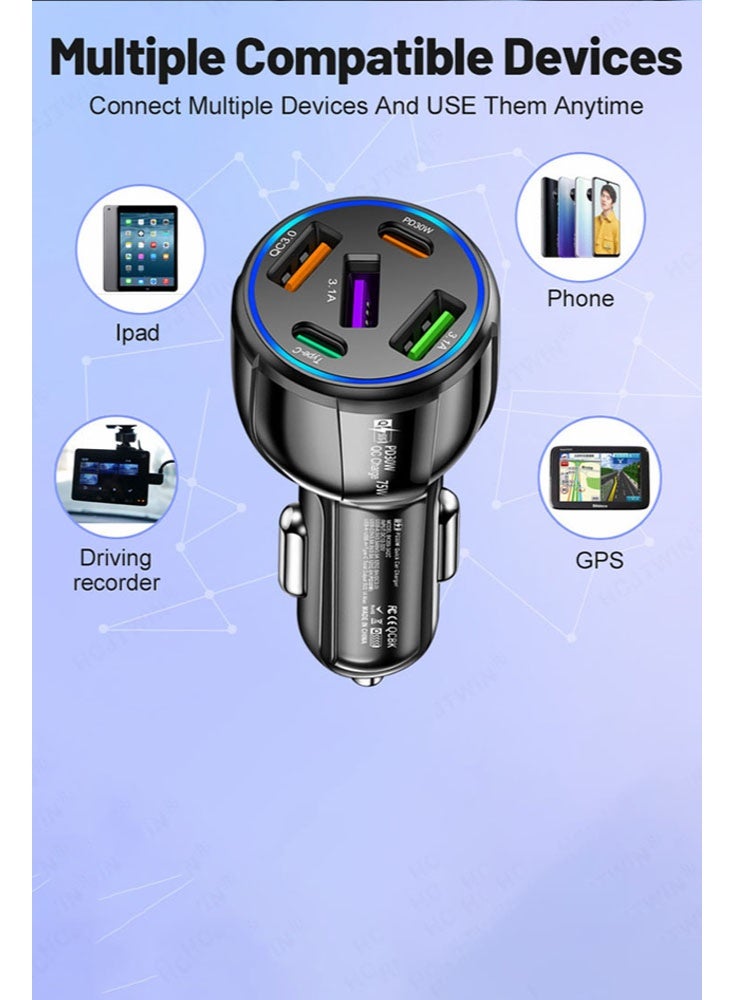 شاحن سيارة فائق السرعة بقدرة 75 واط، محول سيارة ذكي بخمسة منافذ 30 واط/QC3.0/Type C بجهد 12 فولت، متوافق مع ولاعة السجائر وشاحن USB، متوافق مع iPhone 14 Pro Max/13 وMacBook Pro وiPad Pro - Image 5
