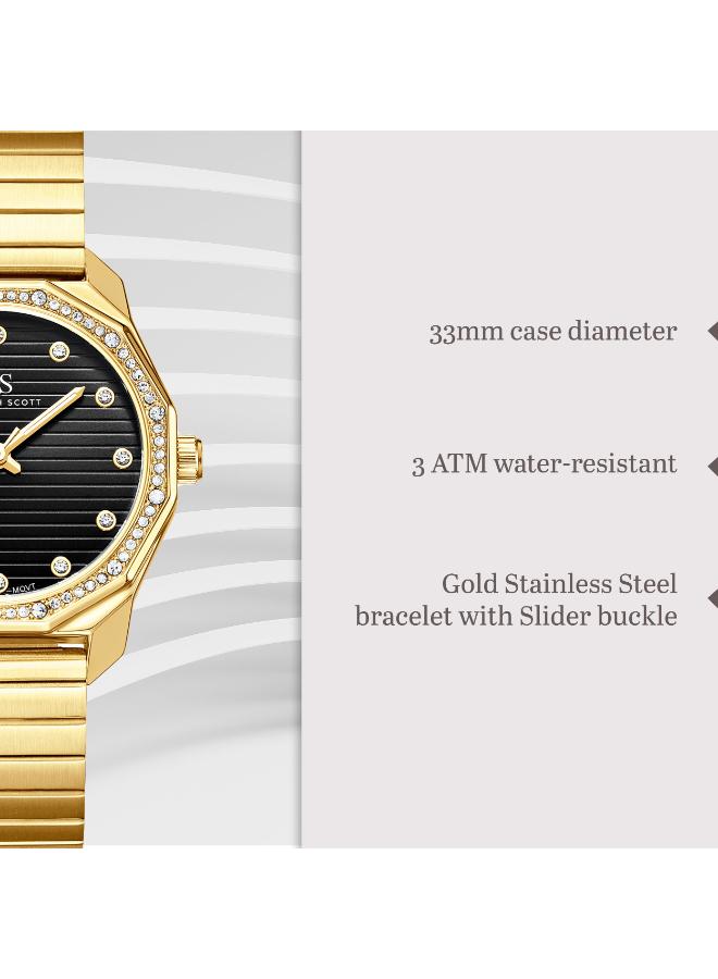 Kenneth Scott K24505-GBGB Women's Analog Display Watch & Stainless Steel Strap Gold