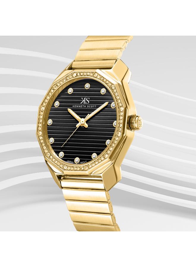 Kenneth Scott K24505-GBGB Women's Analog Display Watch & Stainless Steel Strap Gold