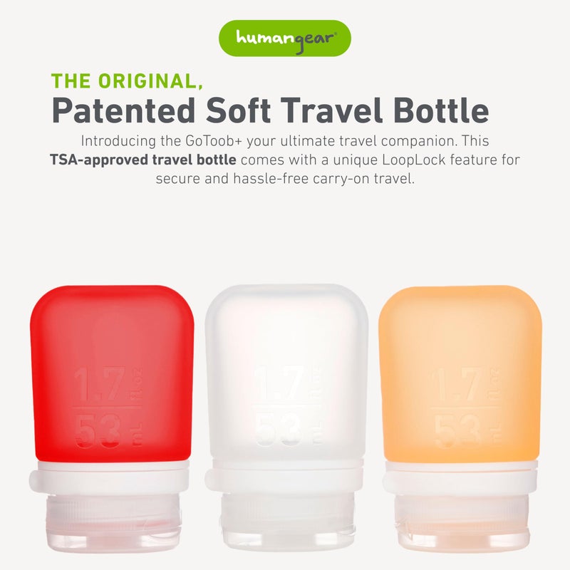 humangear GoToob+ 3-Pack (Small) | Refillable Silicone Travel Bottle | Locking Lid | Food-Safe Material, Clear/Red/Orange, Small (1.7 fl.oz; 53ml) - Image 2