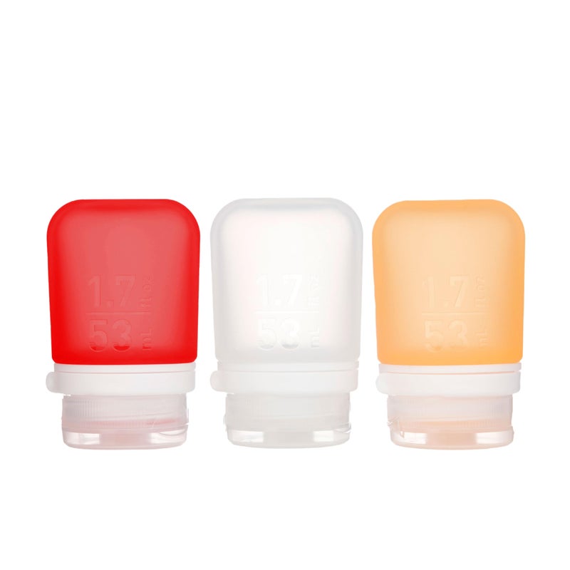 humangear GoToob+ 3-Pack (Small) | Refillable Silicone Travel Bottle | Locking Lid | Food-Safe Material, Clear/Red/Orange, Small (1.7 fl.oz; 53ml) - Image 1