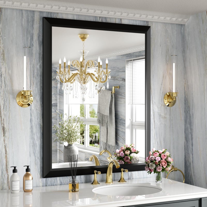 Amorho Black Bathroom Mirror 28x36 Inch Thick Metal Framed Wall Mirrors for Over Sink Bedroom Living Room Entryway Rectangle WallMounted MirrorsHorizontalVertical