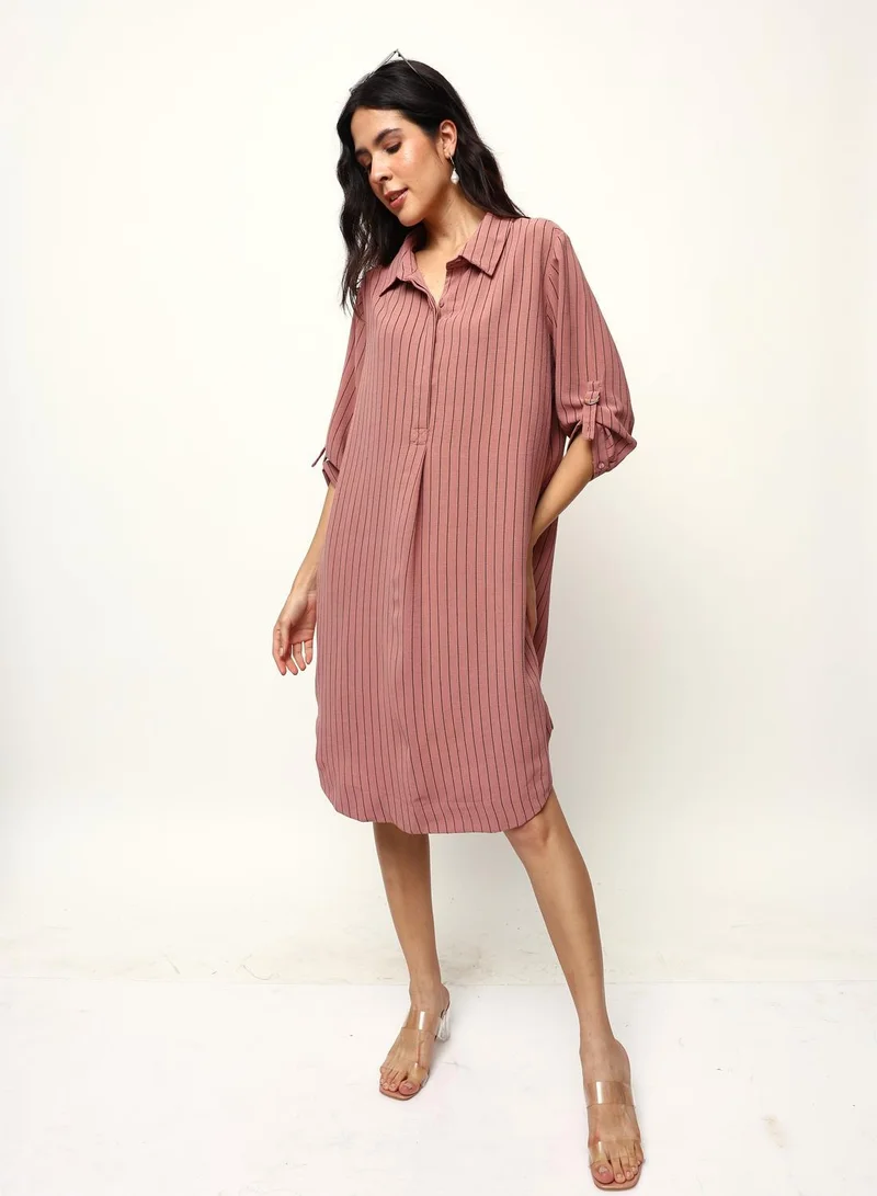 آي شين Rust Poly Printed Midi A-Line Relaxed Dress For Women