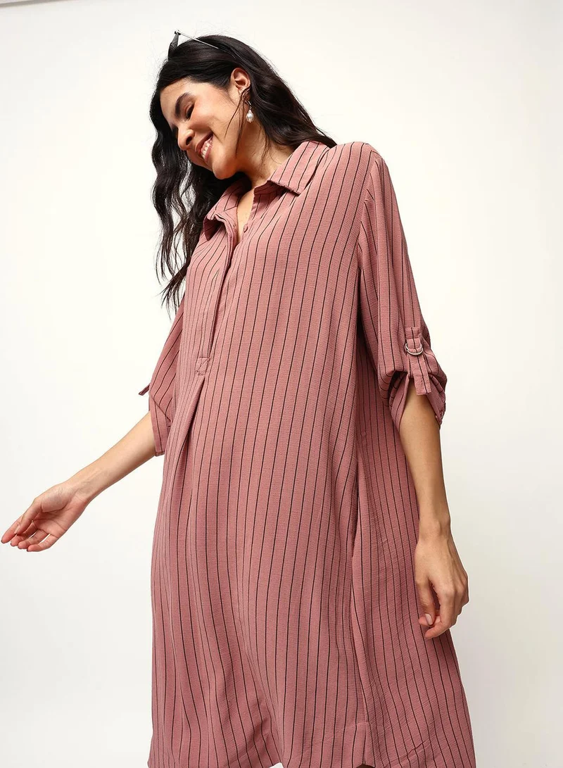 آي شين Rust Poly Printed Midi A-Line Relaxed Dress For Women