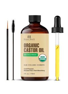 Botanic Hearth Botanic Hearth Castor Oil (4 fl oz) | USDA Certified Organic | 100% Pure & Hexane Free | Cold Pressed | Promotes Growth for Eyelashes, Eyebrows & Hair | Includes Eyebrow & Eyelash Brush  - Image 1