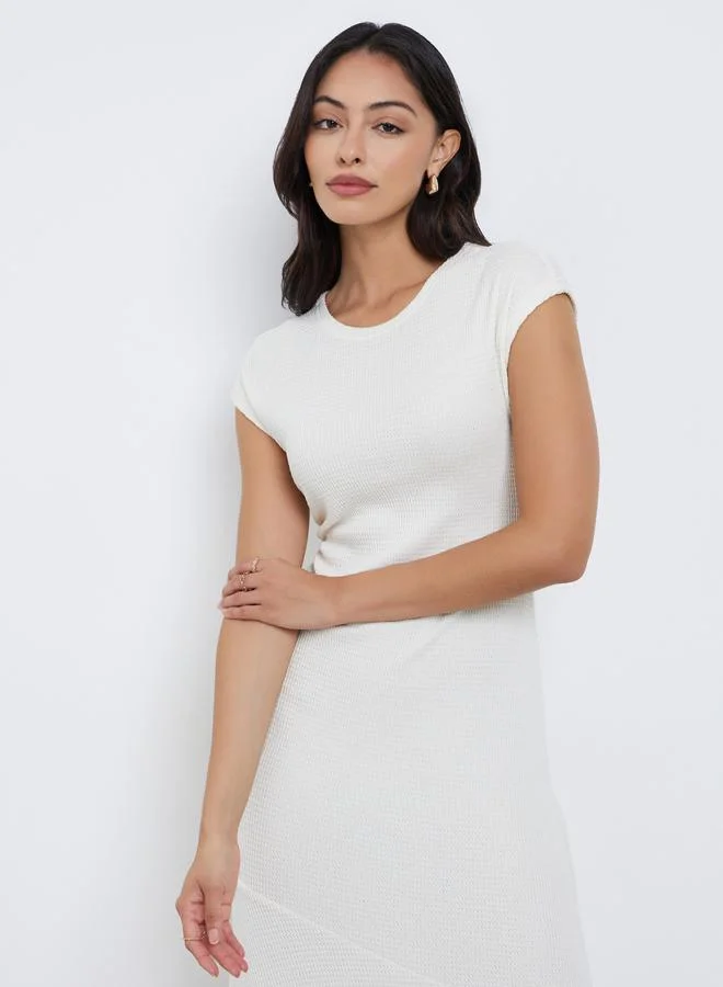 Styli Cream Waffle Knit Maxi Dress with Cap Sleeves