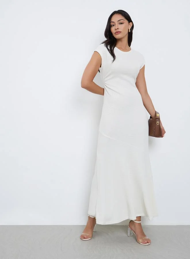 Cream Waffle Knit Maxi Dress with Cap Sleeves