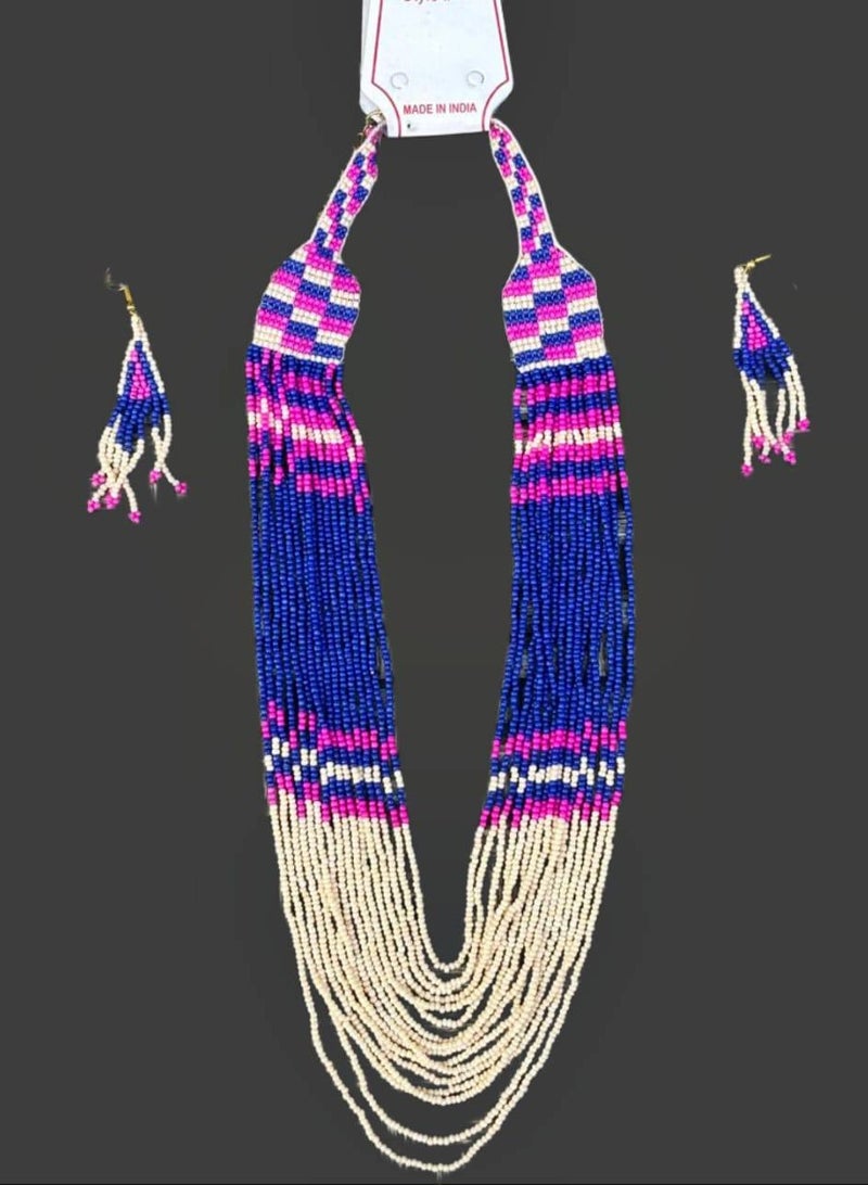 Handmade Indian Necklace & Earrings Set – Colorful Patterned Natural Beads | Cotton Tie | 30 cm | 2025 Trend