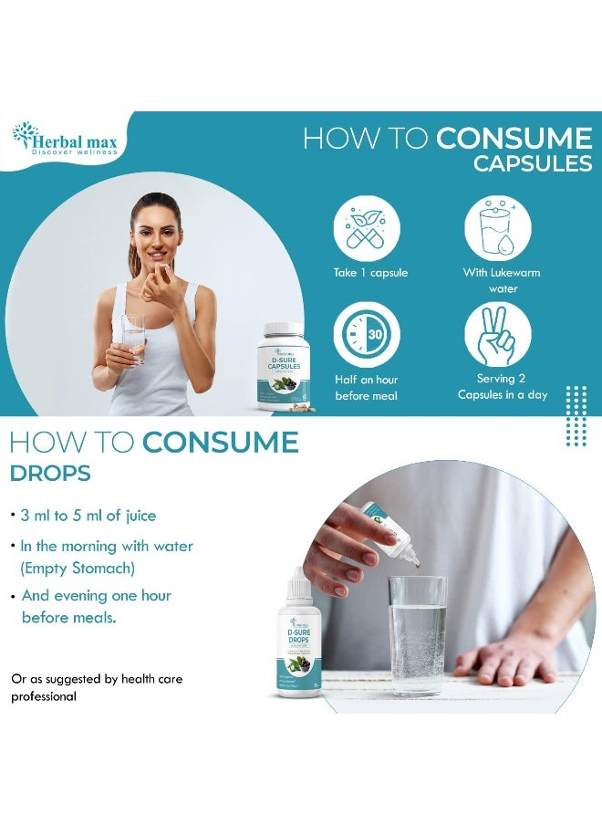 Herbal Max D Sure Kit Diabetic Care Capsule And Drops Ayurvedic Formula 4 Bottles Of 50 Ml 60 Capsules  - Image 5