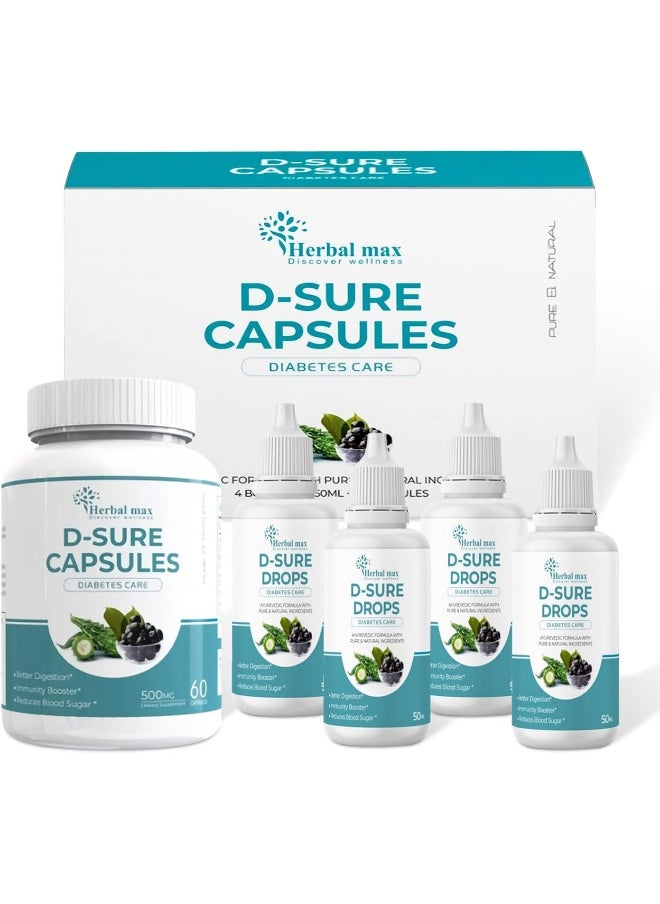 Herbal Max D Sure Kit Diabetic Care Capsule And Drops Ayurvedic Formula 4 Bottles Of 50 Ml 60 Capsules  - Image 1
