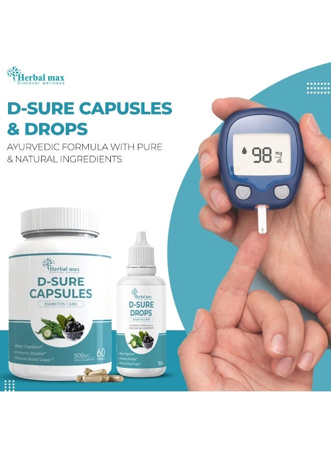 Herbal Max D Sure Kit Diabetic Care Capsule And Drops Ayurvedic Formula 4 Bottles Of 50 Ml 60 Capsules  - Image 2
