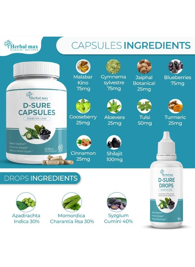Herbal Max D Sure Kit Diabetic Care Capsule And Drops Ayurvedic Formula 4 Bottles Of 50 Ml 60 Capsules  - Image 4
