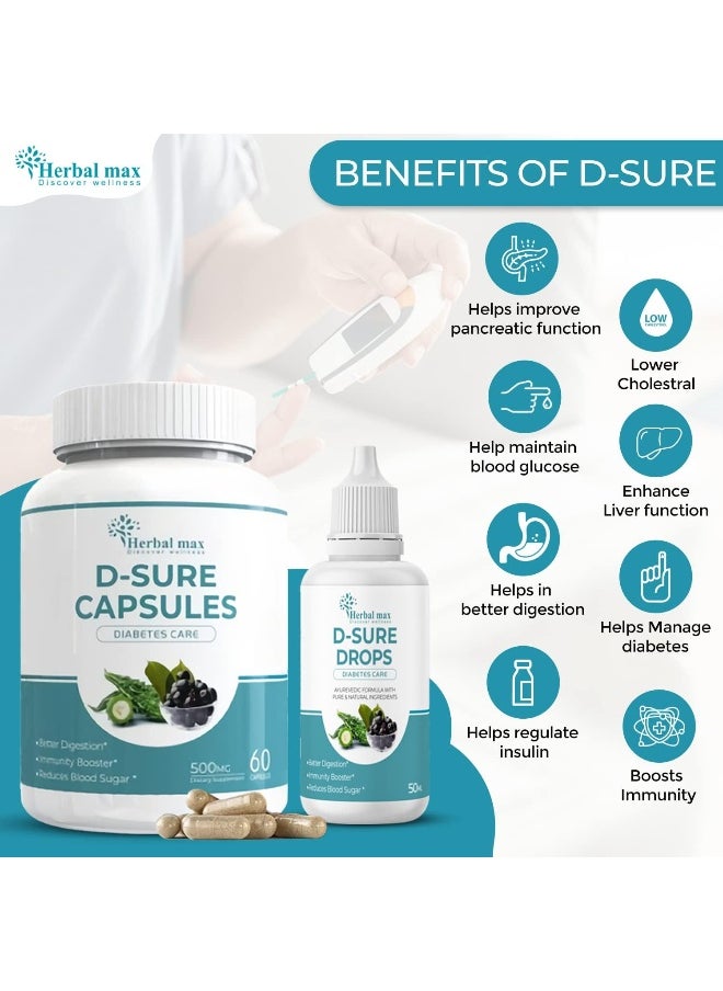 Herbal Max D Sure Kit Diabetic Care Capsule And Drops Ayurvedic Formula 4 Bottles Of 50 Ml 60 Capsules  - Image 3