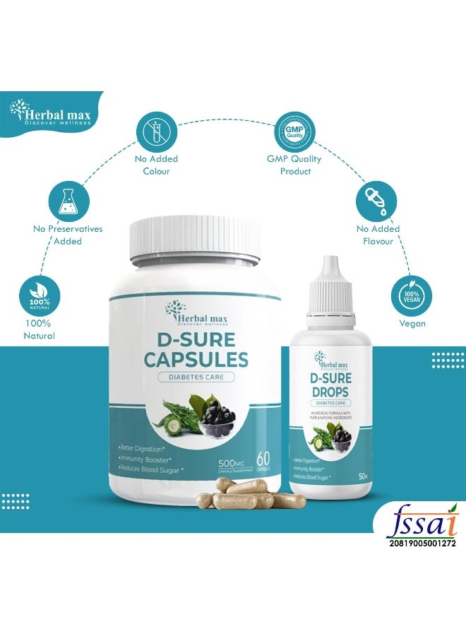 Herbal Max - D Sure Kit Diabetic Care Capsule And Drops Ayurvedic Formula 4 Bottles Of 50 Ml 60 Capsules - Image 1
