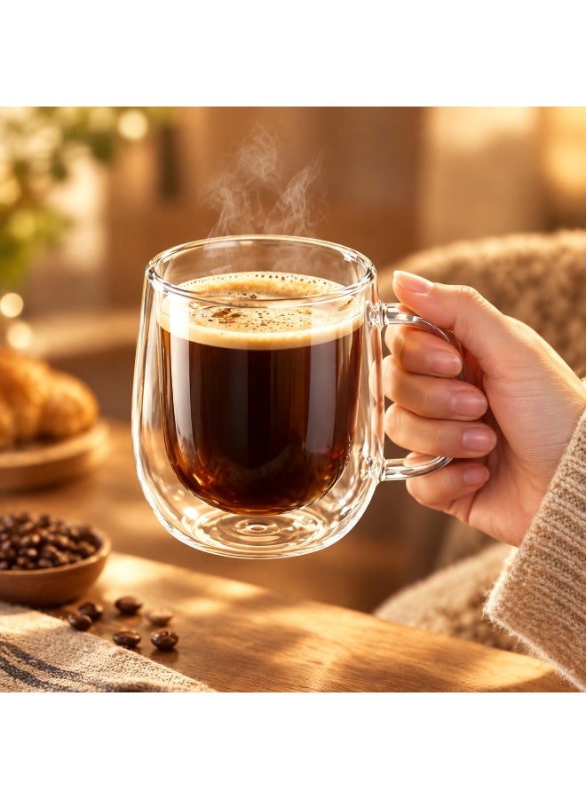 Kayan Home Double Wall Glass Coffee Mugs, 350ml, Set of 2 - Insulated Borosilicate Tea & Latte Cups with Handles, Clear - Image 3