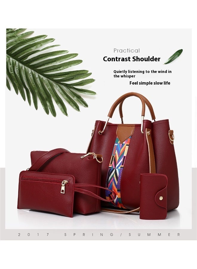 wine red Women Handbag Set 4 in 1 Soft PU Leather Top Handle Bag, Tote Bag, Shoulder Bags Crossbody Bag Wallet Purse Set  - Image 2