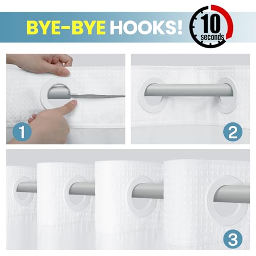 SORTTO No Hook Shower Curtain with Snap in Liner Set Waffle Shower Curtain for Bathroom Hotel Style Fabric Waterproof Inner Liner，71" W x 74" H, White - Image 2