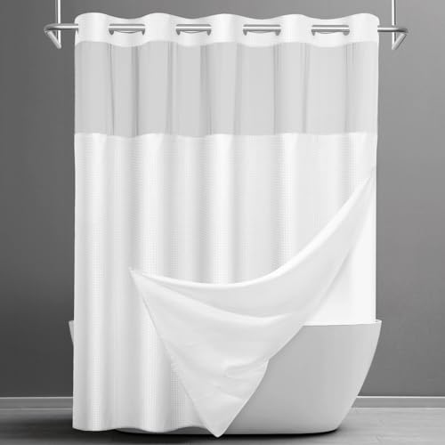 SORTTO No Hook Shower Curtain with Snap in Liner Set Waffle Shower Curtain for Bathroom Hotel Style Fabric Waterproof Inner Liner，71" W x 74" H, White - Image 1