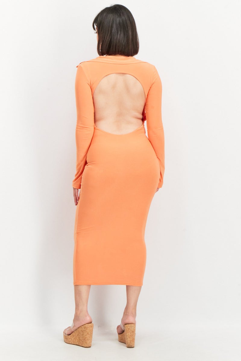 PUBLIC DESIRE فستان ميدي بأكمام طويلة للنساء، برتقالي - Image 3