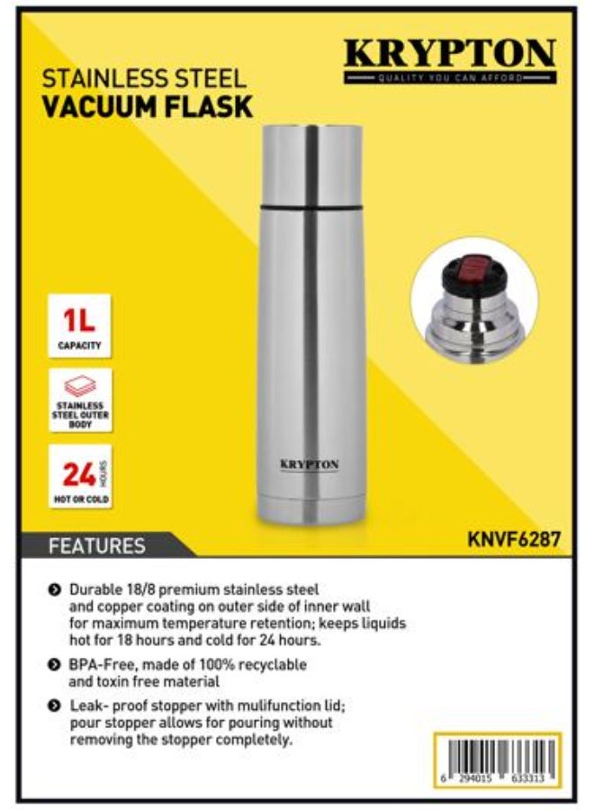 Krypton 1L Stainless Steel Vacuum Bottle KNVF6287 | Double Wall Insulated Flask Keeps Hot 18H & Cold 24H | Leak Proof Travel Thermos with Cup | Silver | 2 Years Warranty - Image 4