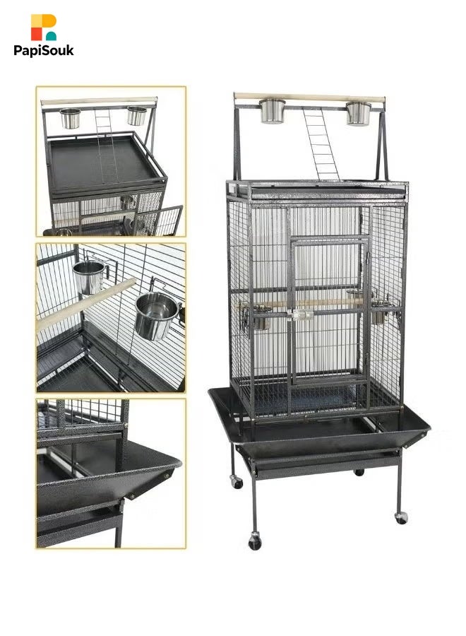 PapiSouk Iron Standing Large Play Top Bird Cage – XL Ultra Wide Parrot Villa for African Grey, Quaker, Cockatiel, Conure & Lovebirds | Includes Removable Trays, Perches & Feeding Doors - Image 4