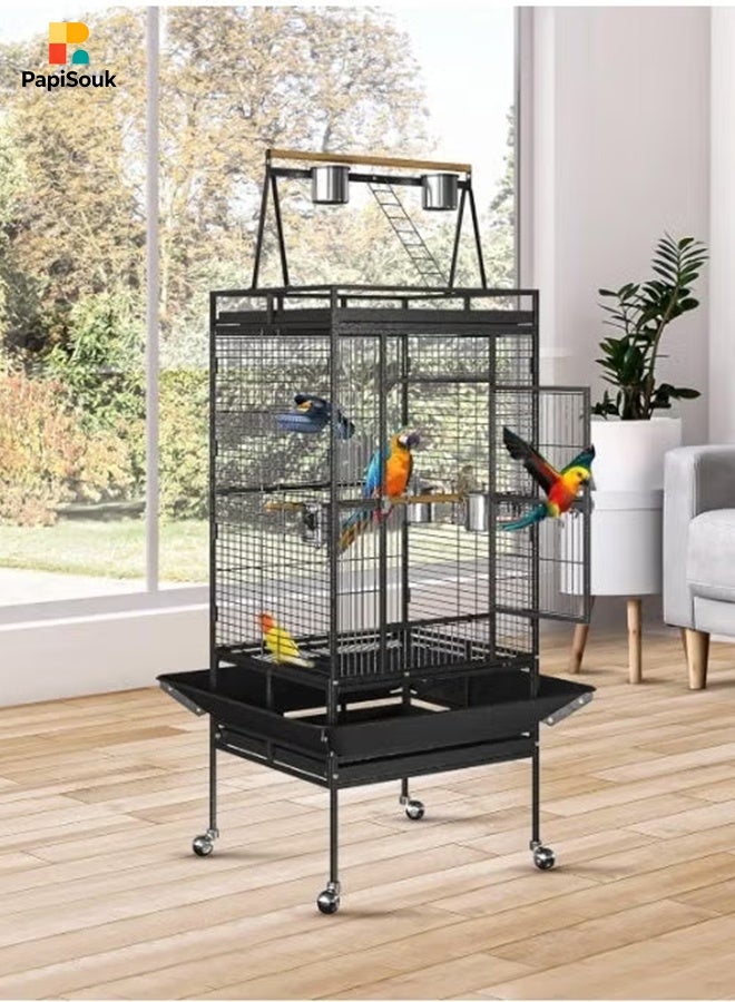 PapiSouk Iron Standing Large Play Top Bird Cage – XL Ultra Wide Parrot Villa for African Grey, Quaker, Cockatiel, Conure & Lovebirds | Includes Removable Trays, Perches & Feeding Doors - Image 2