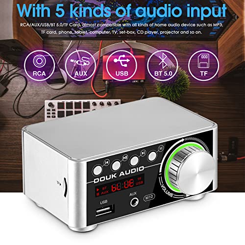 Nobsound Douk Audio 120W Mini Bluetooth 5.0 Power Amplifier 2.0 Channel Hi-Fi Stereo Class D Audio Amp Wireless Receiver TF USB Home Speaker (Upgrade Version) (Silver) - Image 4